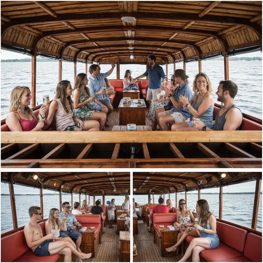 Friends enjoying a lively, customized tiki boat cruise